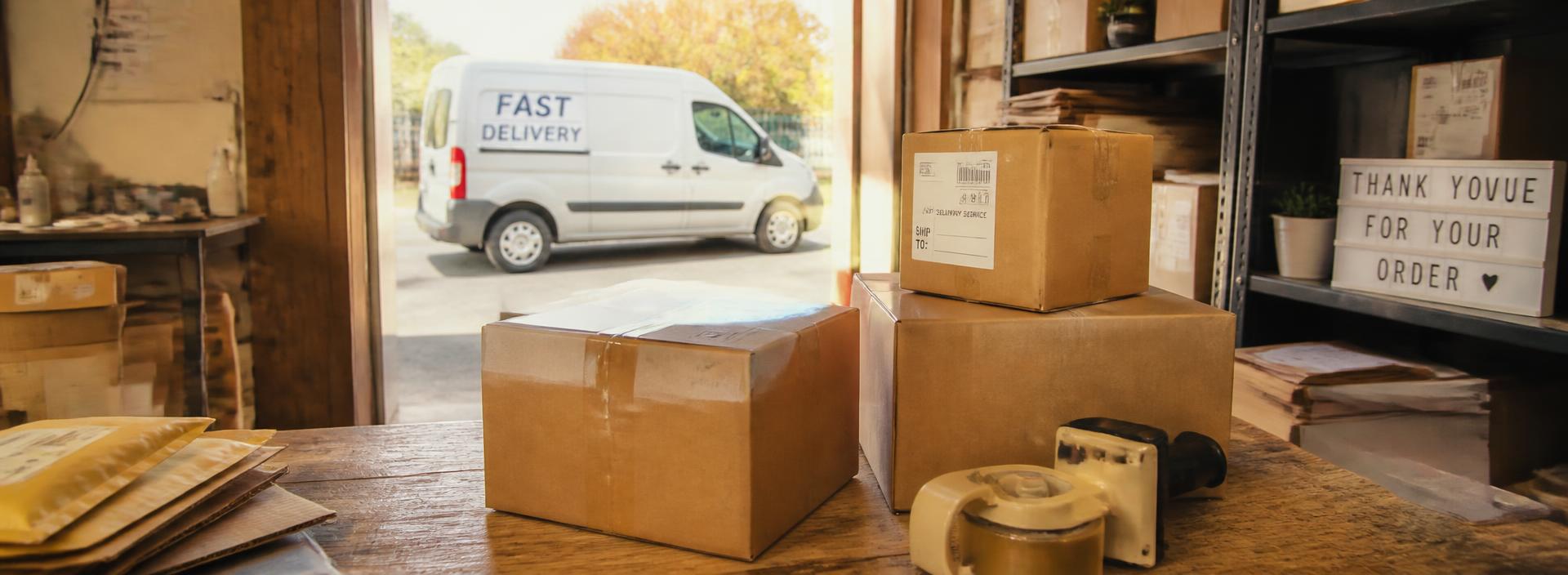 Parcels packed on a workbench with a delivery van outside