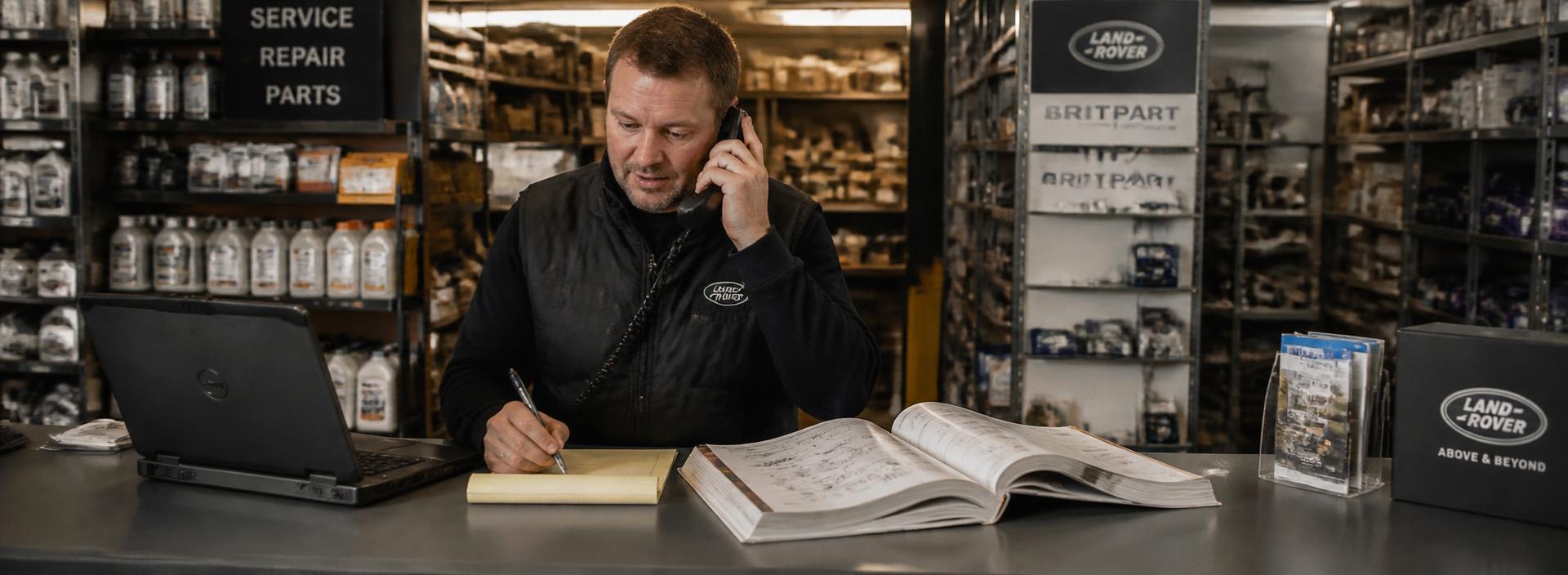 Parts specialist on the phone checking a Land Rover parts catalogue