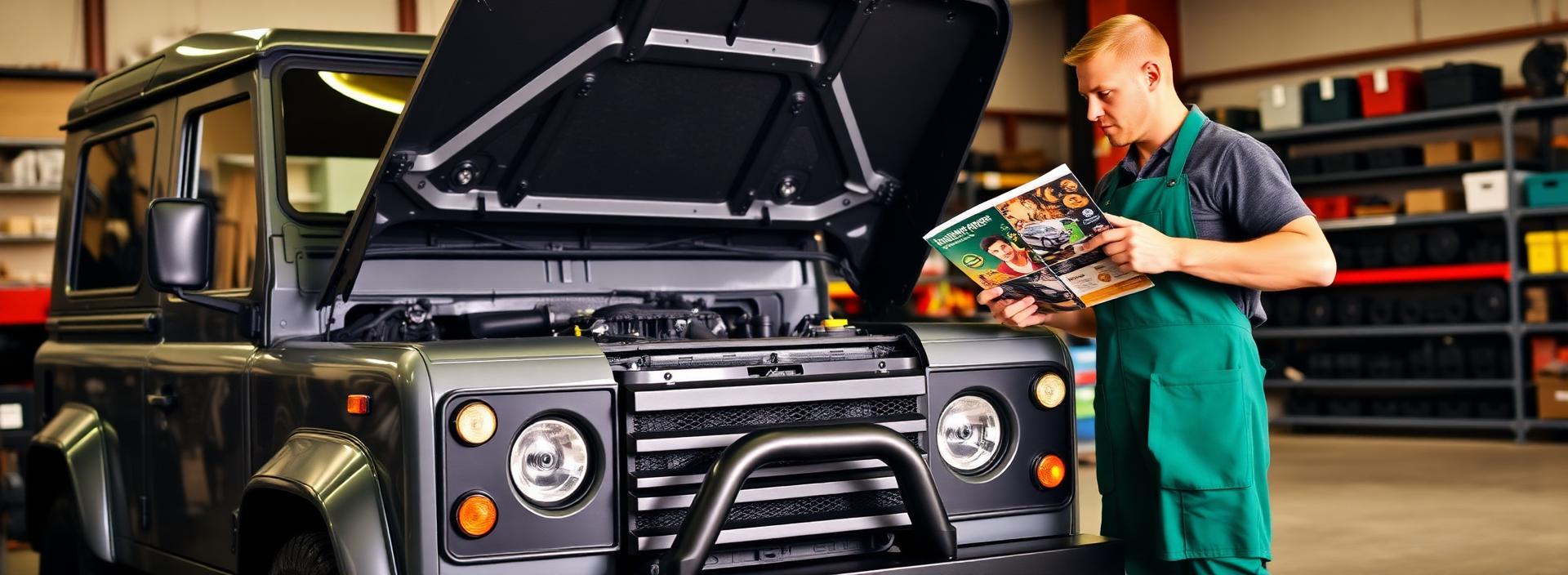 Land Rover Defender in a workshop with a parts specialist checking the engine bay