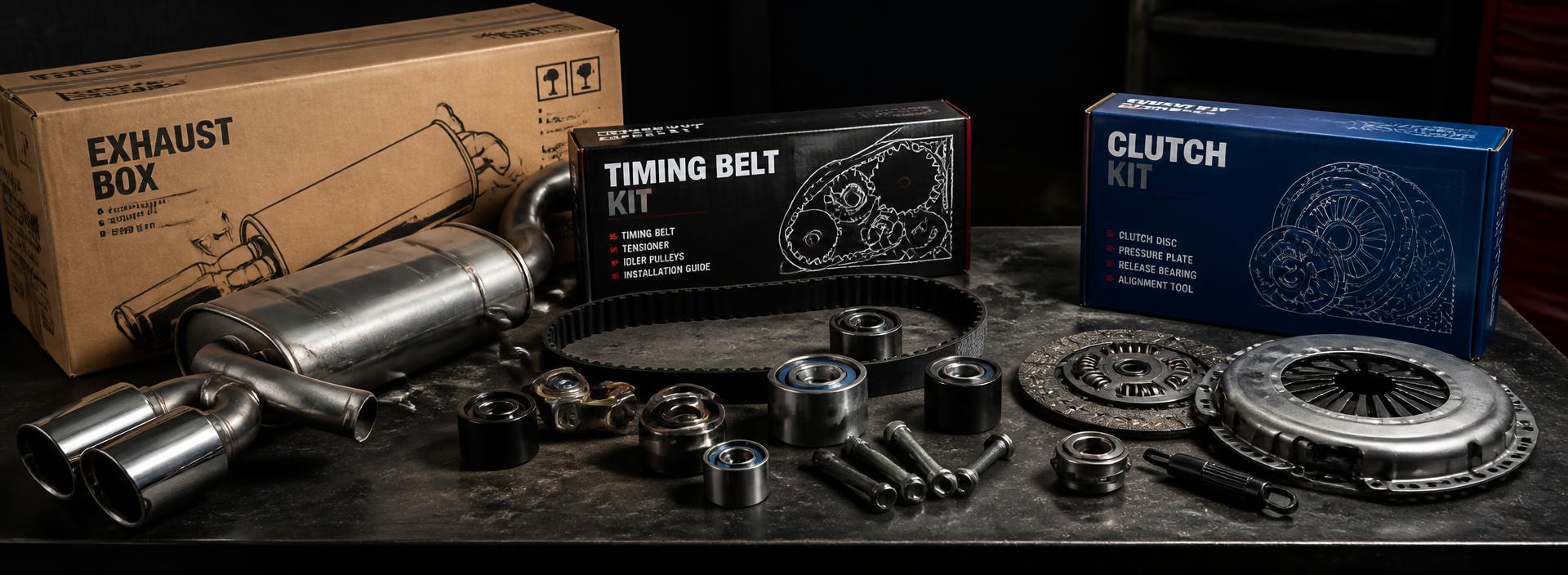Timing belt kit, tensioners, clutch kit and exhaust box on a workshop bench